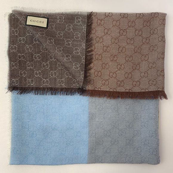 Gucci GG Lenolis Colorblock Scarf in Blue & Brown - Picture 1 of 12
